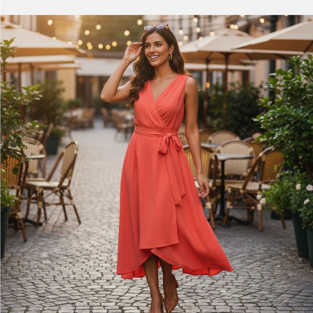 Orange DKNY faux wrap dress sleeveless